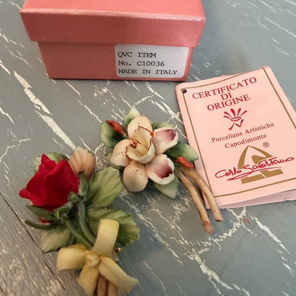 Carlos Savastano Porcelain Floral Pin Duo - Pink, Cream & Green Accents - Picture 7 of 9